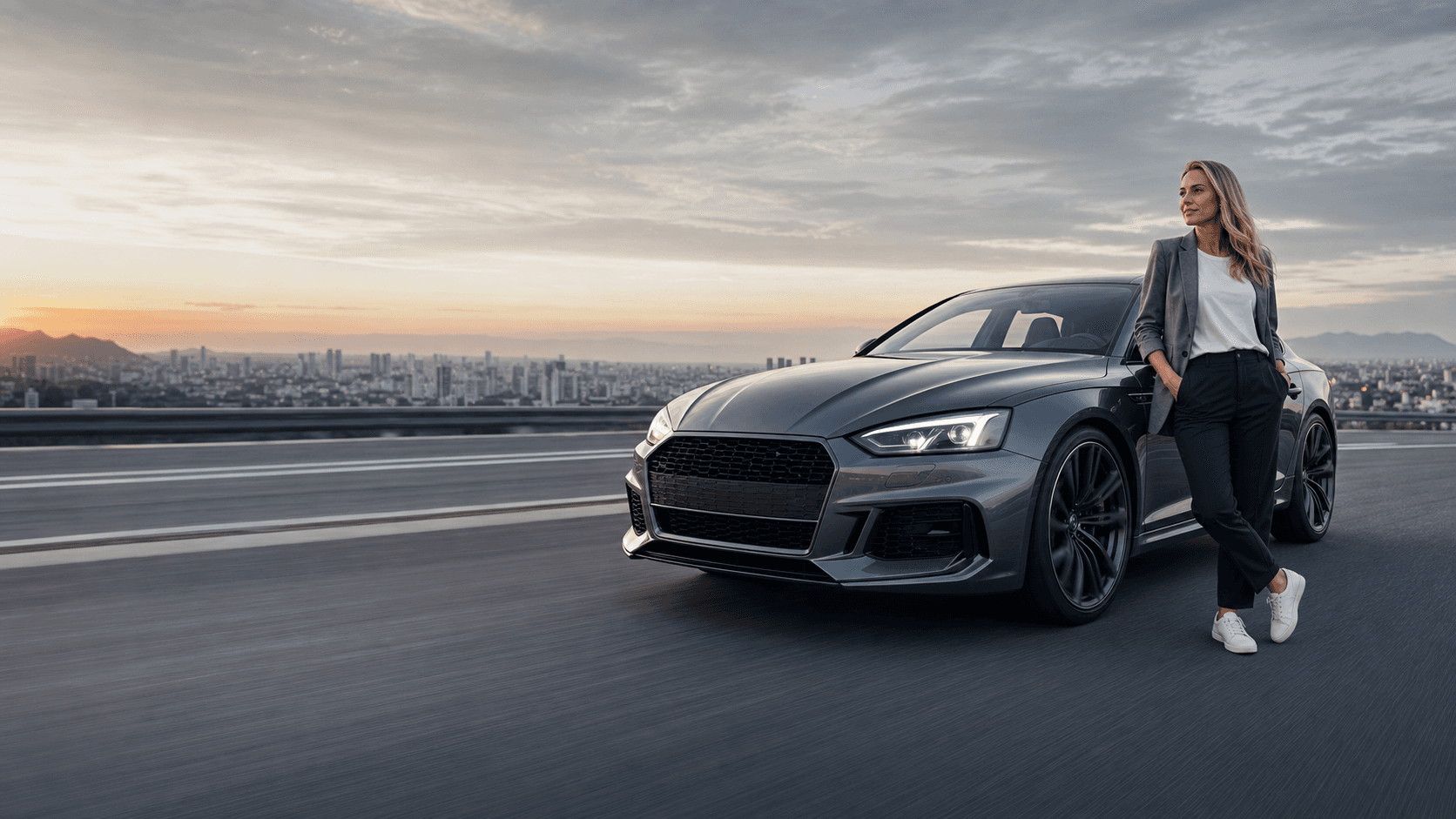 Carro cinza em movimento representando velocidade e continuidade operacional.